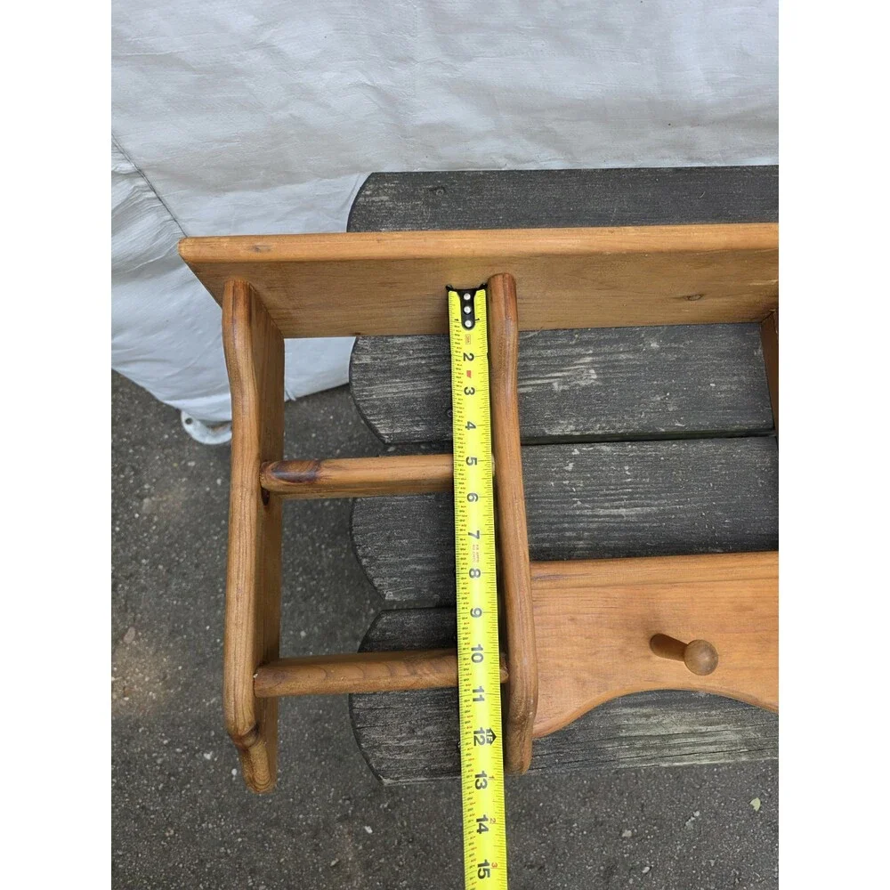 Vintage Wooden Wall Shelf Coat Rack Pegs Spice Display Country Farmhouse Rustic